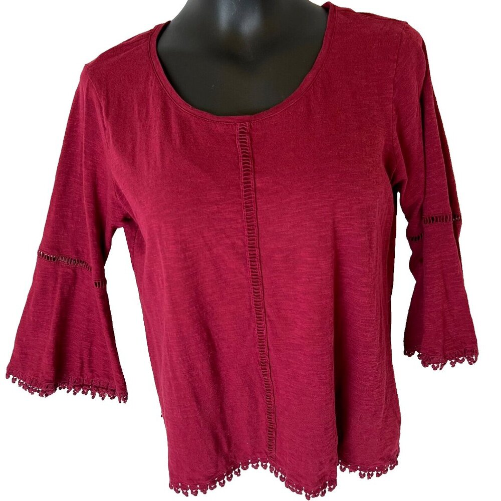 Style & Co Women's PM Blouse Dark Burgundy Moroccan Crochet Hem 3/4 Bell Sleeve